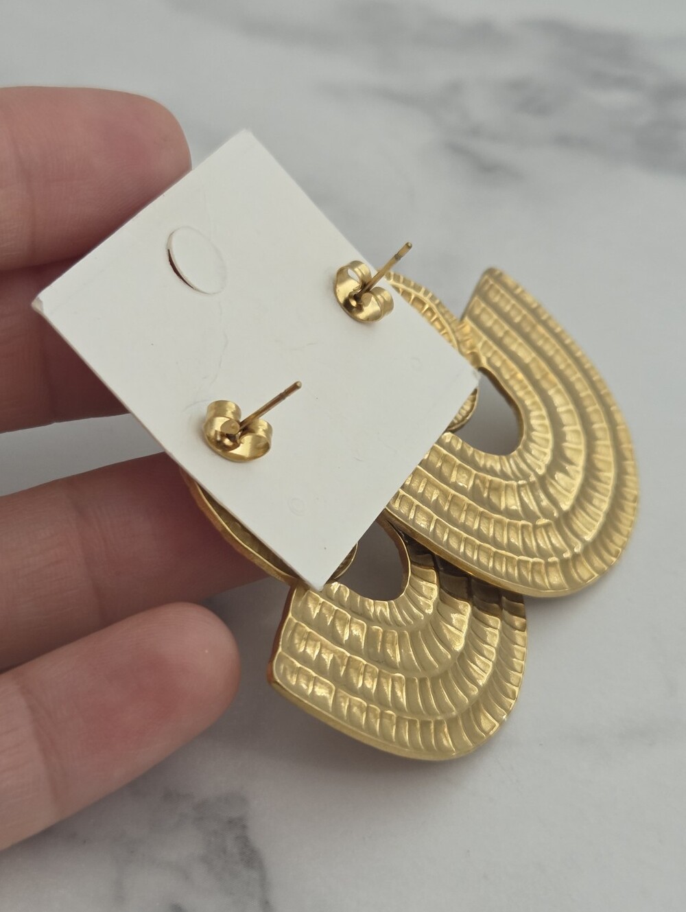 Stainless Steel Gold Textured Geometric Fan Drop Earrings - Picture 4 of 11